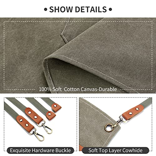 ZOMAO Cotton Canvas Cross Back Apron for Men and Women,Chef Apron With Adjustable Strap and Large Pockets,Kitchen Cooking Baking Bib Heavy Duty Work Apron - color: Grey Green