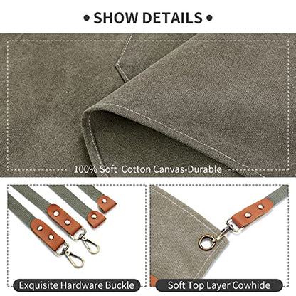 ZOMAO Cotton Canvas Cross Back Apron for Men and Women,Chef Apron With Adjustable Strap and Large Pockets,Kitchen Cooking Baking Bib Heavy Duty Work Apron - color: Grey Green