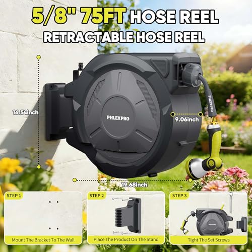 75 FT x 5/8" Retractable Garden Hose Reel with 3/4" Brass Fitting - color: Green, size: 75FT-5/8"
