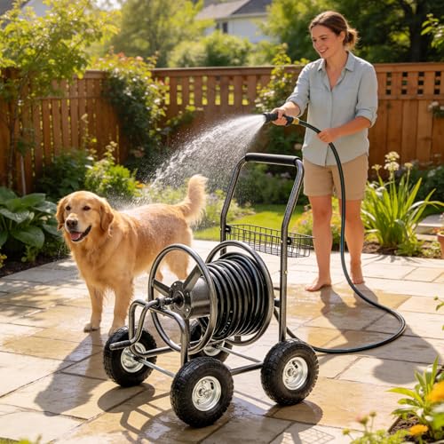 250ft Heavy Duty Hose Reel Cart with 4 Wheels, 5/8" Hose Capacity - color: Gray