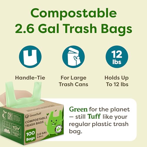 2.6 Gallon Compostable Trash Bags (100 Count) — Thick 0.7 Mil Small Compost Bin Liners — Leak-Resistant Plant-Based Food Scrap Bags for Countertop Kitchen Compost Pails — ASTM D6400 BPI Certified - style: 2.6 Gallon | Handle-Tie | 100-pack