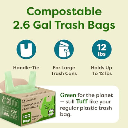 2.6 Gallon Compostable Trash Bags (100 Count) — Thick 0.7 Mil Small Compost Bin Liners — Leak-Resistant Plant-Based Food Scrap Bags for Countertop Kitchen Compost Pails — ASTM D6400 BPI Certified - style: 2.6 Gallon | Handle-Tie | 100-pack
