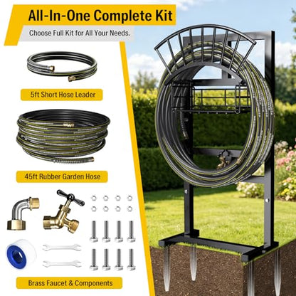 Garden Hose Holder with Brass Faucet, 45ft Rubber Hose, 5ft Leader Hose