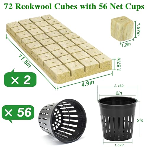 Halatool 72PCS 1.2" Rockwool Cubes & 56PCS 2" Net Cups for Hydroponics - size: 1.2" rockwool-72pcs+2" net cups-56pcs