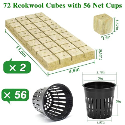Halatool 72PCS 1.2" Rockwool Cubes & 56PCS 2" Net Cups for Hydroponics - size: 1.2" rockwool-72pcs+2" net cups-56pcs