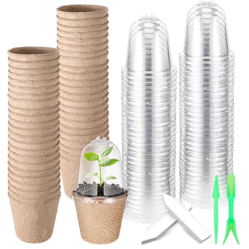 Baderke 120 Pcs Biodegradable Nursery Pots with 30 Humidity Dome and 30 Labels, 2.36" Plant Nursery Seed Starter Planter Biodegradable Peat Pots for Planting Seedlings, Vegetables (Round) - size: 2.36", style: Round