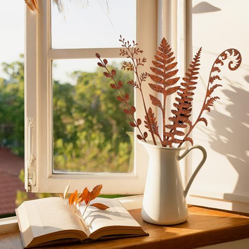 5 Pcs 14.2'' Rusty Metal Flowers and Plants, Rustic Fern Leaf Garden Stakes - color: 5pc