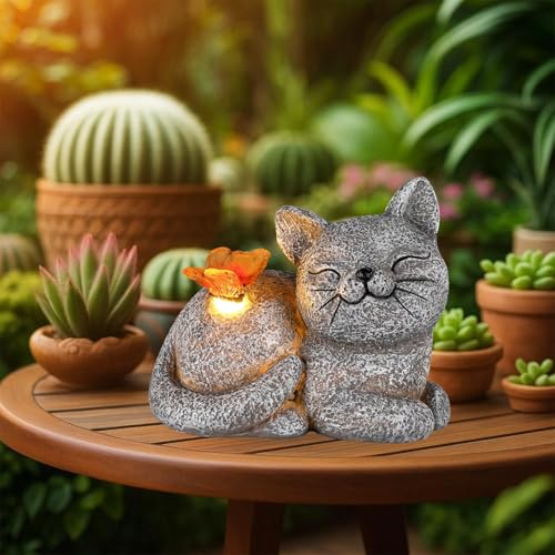 GoGnome Solar Cat Garden Statue with Butterfly Light – 5-Inch Outdoor Resin Figurine for Yard, Patio, Balcony – Gifts for Women, Garden Decor Accent (Cat) - style: Cat