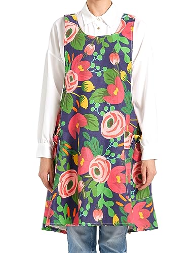 Cozy Adjustable Cross Back Aprons for Women with Pockets Cotton Linen Cooking Kitchen Baking - color: Red Tulips