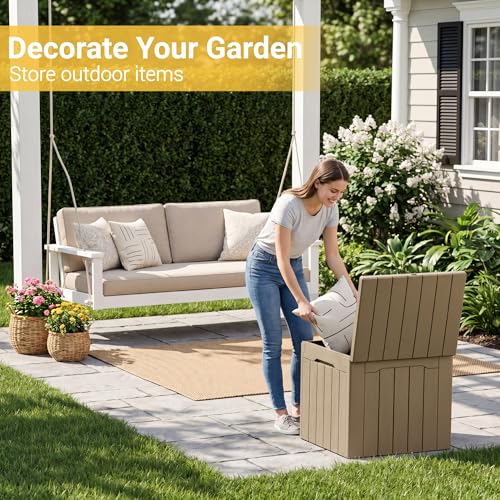 Greesum 33 Gallon Resin Deck Box Weatherproof Storage Box, Light Coffee - color: Light Coffee, size: 33 Gallon