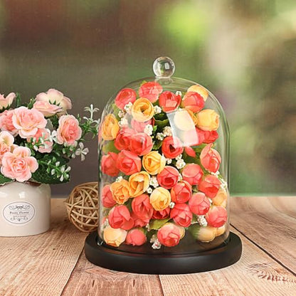 JUXYES 4.5x6 Clear Glass Display Dome Cloche with Handle & Black Wood Base - color: Black