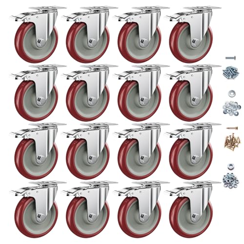 5" Heavy Duty Plate Casters with Brake, Set of 16 - color: Red, size: 5 inch