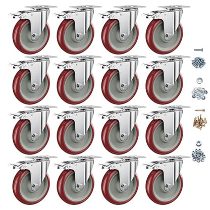 5" Heavy Duty Plate Casters with Brake, Set of 16 - color: Red, size: 5 inch