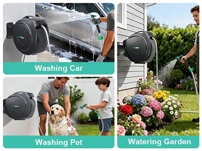 Retractable Garden Hose Reel, 65FT +6FT 5/8" Durable Wall Mounted Water Hose Reel with 180° Swivel Bracket, 9 Pattern Sprayer, 6Ft leader hose,Smooth Automatic Rewind, Any Length Lock. - size: 65Ft x 5/8"