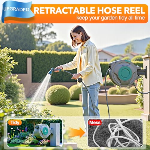 1/2" x 130 ft Retractable Garden Hose Reel, Heavy Duty Water Hose Reel - color: Green, size: 1/2 in 130FT+6.5FT