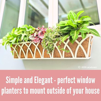 LaLaGreen Wall Planter (30 Inch, 2 Pack)White Metal Rectangular Hanging Flower Box Window Boxes Planters with Coco Liner, Flower Basket Plant Holder Deck Rail Railing Patio Horse Trough Balcony Fence - size: 30 Inch x 2 Pack
