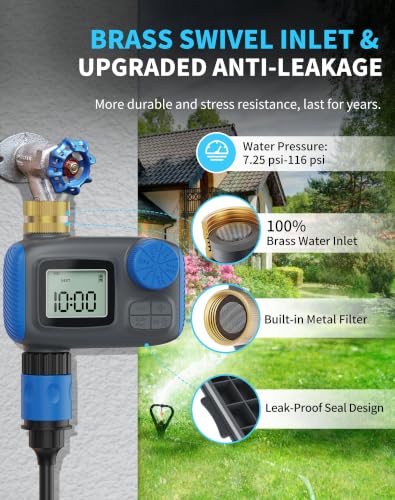 Sprinkler Timer with Brass Swivel, Digital Irrigation Controller System with Rain Delay/Manual Mode/Automatic Watering for Outdoor Garden Yard Lawn