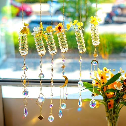 6Pcs Crystal Suncatchers with Propagation Stations Glass Wall Planters - color: Golden-6pcs