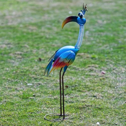 DREAMSOUL Metal Bird Garden Statues 30" Funny Patio Lawn Decor - color: Blue