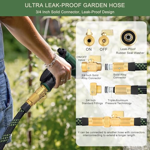Garden Hose 100 ft, Non-Expandable Flexible Water Hose with 10 Function Spray Nozzle, Lightweight, Leak Proof, Kink-Free, Portable Hose for Outdoor, Yard, Lawn, High-Density Fabric, Black Green