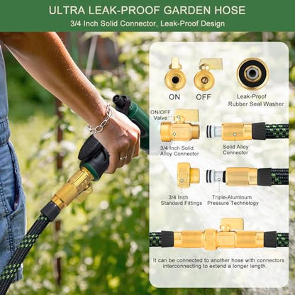 Garden Hose 100 ft, Non-Expandable Flexible Water Hose with 10 Function Spray Nozzle, Lightweight, Leak Proof, Kink-Free, Portable Hose for Outdoor, Yard, Lawn, High-Density Fabric, Black Green
