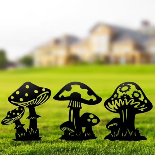 Resama Black Metal Mushroom Garden Stakes Set of 3 - color: Mushroom