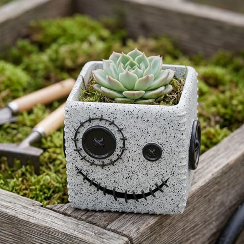 Halloween Button Face Monster Planter, Resin Pot with Drainage - color: Gray-a