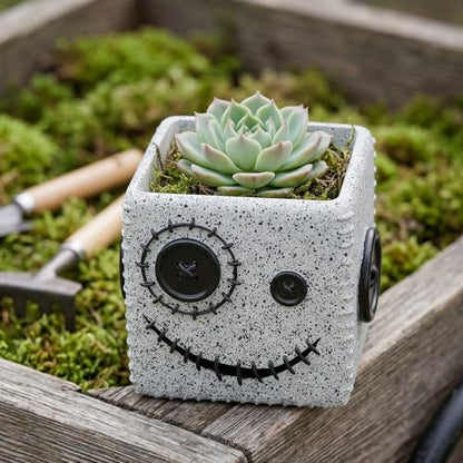 Halloween Button Face Monster Planter, Resin Pot with Drainage - color: Gray-a