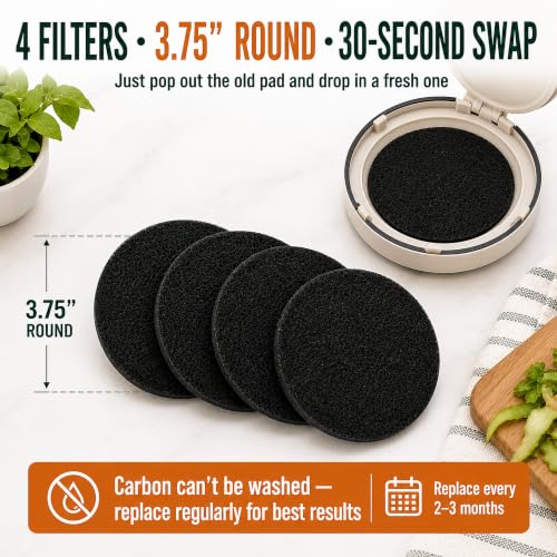 3.75 Inch Charcoal Compost Bin Filter - 4 Pack Countertop Replacement Set 3.75 Inch Round Activated Charcoal Filters, Four Pack, Drop in Replacement, Odor Control, Countertop Bin, Kitchen Use
