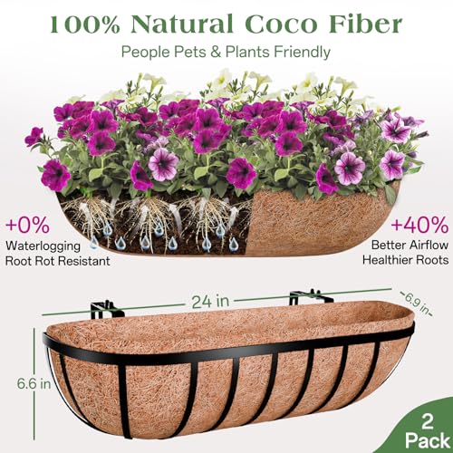 ZeeDix 24 Inch Railing Planter Box, 2 Pack Metal Window Box with Coco Liner