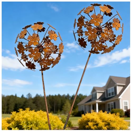 Rustic Dandelion Garden Stakes 2 Pack, 3D Rusty Metal Flowers Sculpture - color: Style 2