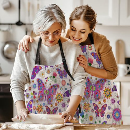 Britimes Butterfly Apron Floral Colorful Butterflies Flowers Aprons Kitchen Cooking Gardening for Women With Pockets - color: Cute Aprons 2