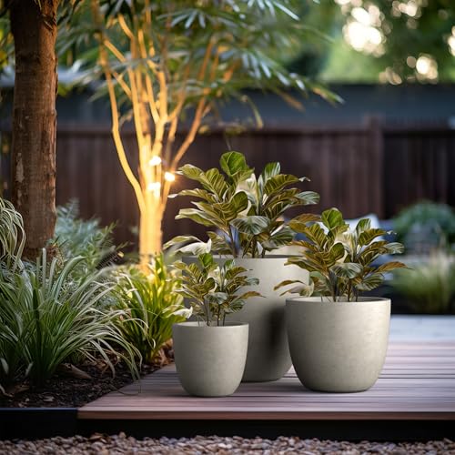 Kante Set of 3 Weathered Concrete Bowl Planters 18" 14" 10" Dia - color: Buff Concrete, size: 18"d + 14"d + 10"d