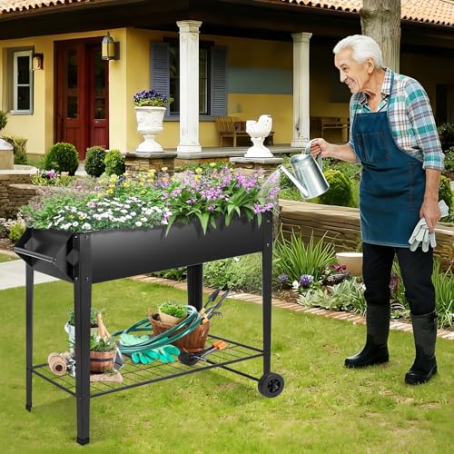 32" Rolling Raised Garden Bed with Wheels, Metal Elevated Planter Box