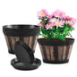 Quarut 8 inch Brown Plastic Whiskey Barrel Plant Pots Set of 4 with Drainage Holes and Saucer for Indoor and Outdoor Garden Home Plants - size: 8 inches