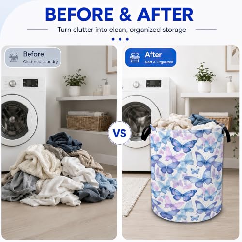 Blue Butterfly Laundry Hamper,Collapsible Laundry Baskets, Dirty Clothes Baskets with Handles,Oxford Cloth Hamper for Bedroom,Bathroom,Laundry Room,College Dorms,16"x20" - color: Blue Butterfly