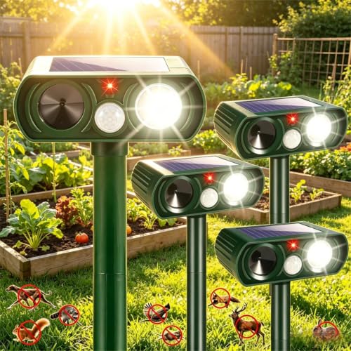 4 Pack Upgraded Solar Animal Repellent Ultrasonic Outdoor Cat Deterrent Sonic Deer Repellent with Motion Sensor & Flashing Light,Waterproof Rabbit Squirrel Racoon Fortress Pro Repeller for Yard Garden