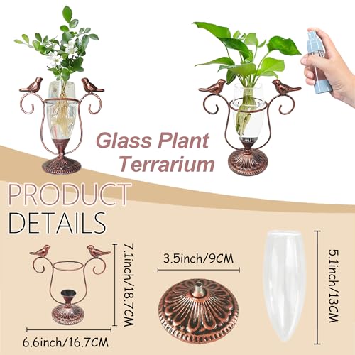 Desktop Plant Propagation Station, Plant Terrarium with Metal Stand - color: Copper Bird, size: 7.1"×6.6"