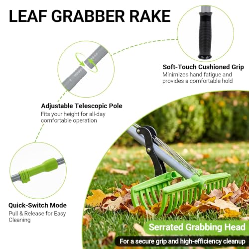 2 in 1 Leaf Rake Grabber, Lightweight Long Handle Adjustable Lawn Tool