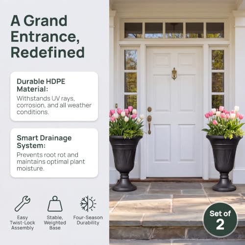 24" Tall Urn Planters for Outdoor Plants, Urns and Pedestal, Black - color: Black-concrete Look/Sandblasting