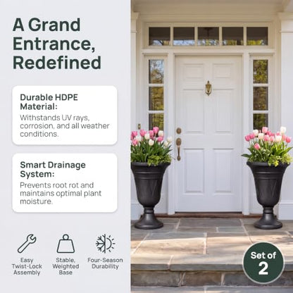 24" Tall Urn Planters for Outdoor Plants, Urns and Pedestal, Black - color: Black-concrete Look/Sandblasting