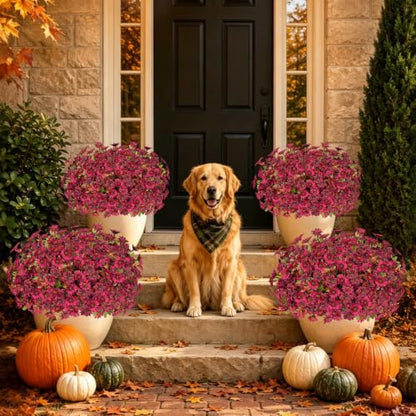 15PCS Artificial Fall Flowers for Outdoors, UV Resistant Fake Mums - color: Burgundy Daisies & Burgundy Violets