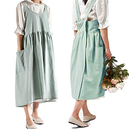 Japanese Cotton Cross Back Pinafore Apron for Women with Pockets Turquoise - color: 01 - Turquoise Without Waist Ties