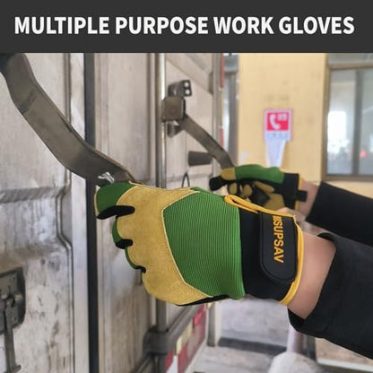 Cowhide Work Gloves, Mechanic Glove Men, Medium, Green+Yellow - color: Green+yellow, size: Medium