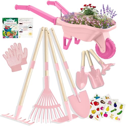 Qtioucp Kids Gardening Set with Wheelbarrow, Real Metal Garden Tools for Kids Ages 3-8, 4 Long Handle Tools, 3 Hand Tool, Gloves, 5 Stickers, Handbook, Outdoor Backyard Toys for Toddler Gift - color: Pink