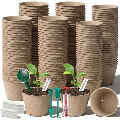 150 Pack Peat Pots for Seedlings 100 4-inch & 50 3.15-inch Round Biodegradable Seed Starter Pots with Drainage Holes for Garden Germination Nursery, Includes 150 Plant Labels & Planting Tools