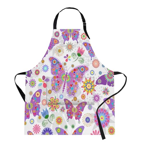 Britimes Butterfly Apron Floral Colorful Butterflies Flowers Aprons Kitchen Cooking Gardening for Women With Pockets - color: Cute Aprons 2