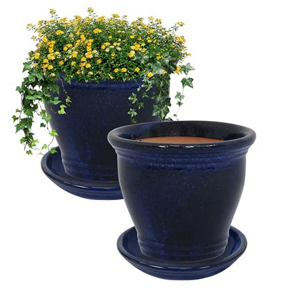 Sunnydaze 11 in Round Ceramic Planters & Saucers - Set of 2 - Imperial Blue