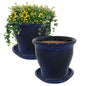 Sunnydaze 11 in Round Ceramic Planters & Saucers - Set of 2 - Imperial Blue