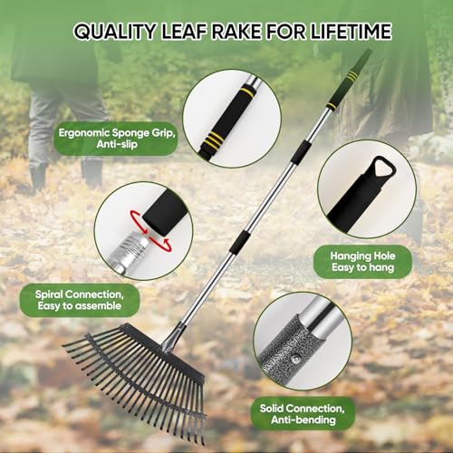 Heavy Duty Garden Rake 6FT Long 25 Tines - style: Stainless Steel - Black